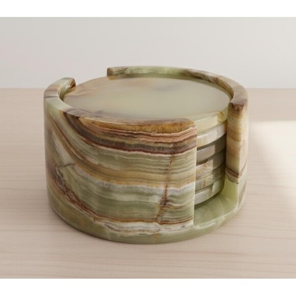 Onyx Coaster Set with Holder | Natural Stone Coasters | Marble Drink Coasters - Picture 2 of 12